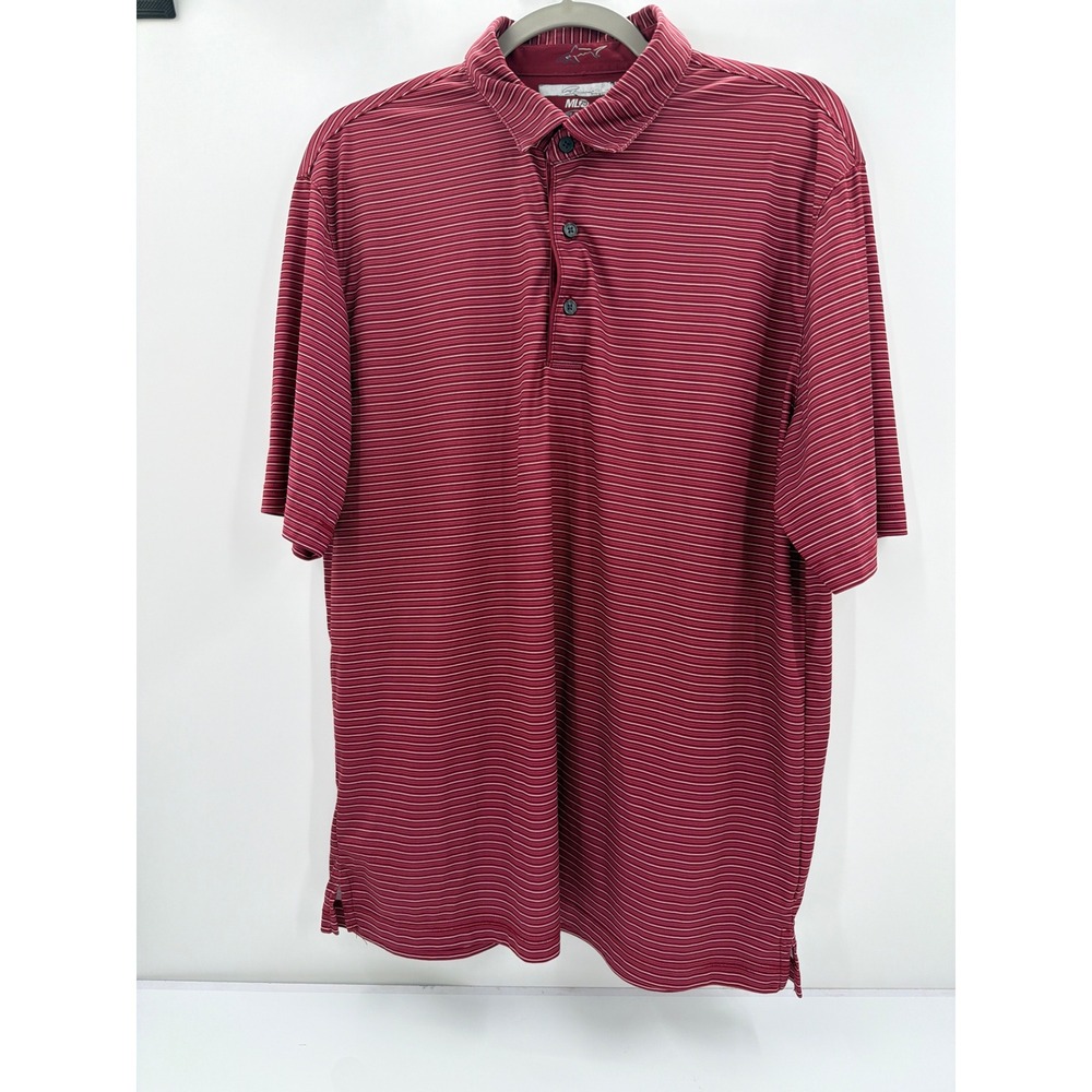 Greg Norman ML75 Play Dry Mens Large Burgundy Striped Short Sleeve Golf Polo